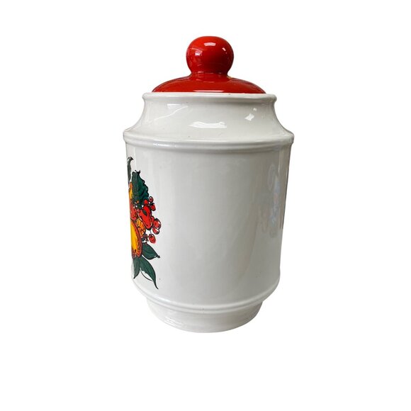 Vintage Italian Ceramic Canister With Hand-Painted Fruit Motif & Red Lid - Picture 4 of 9